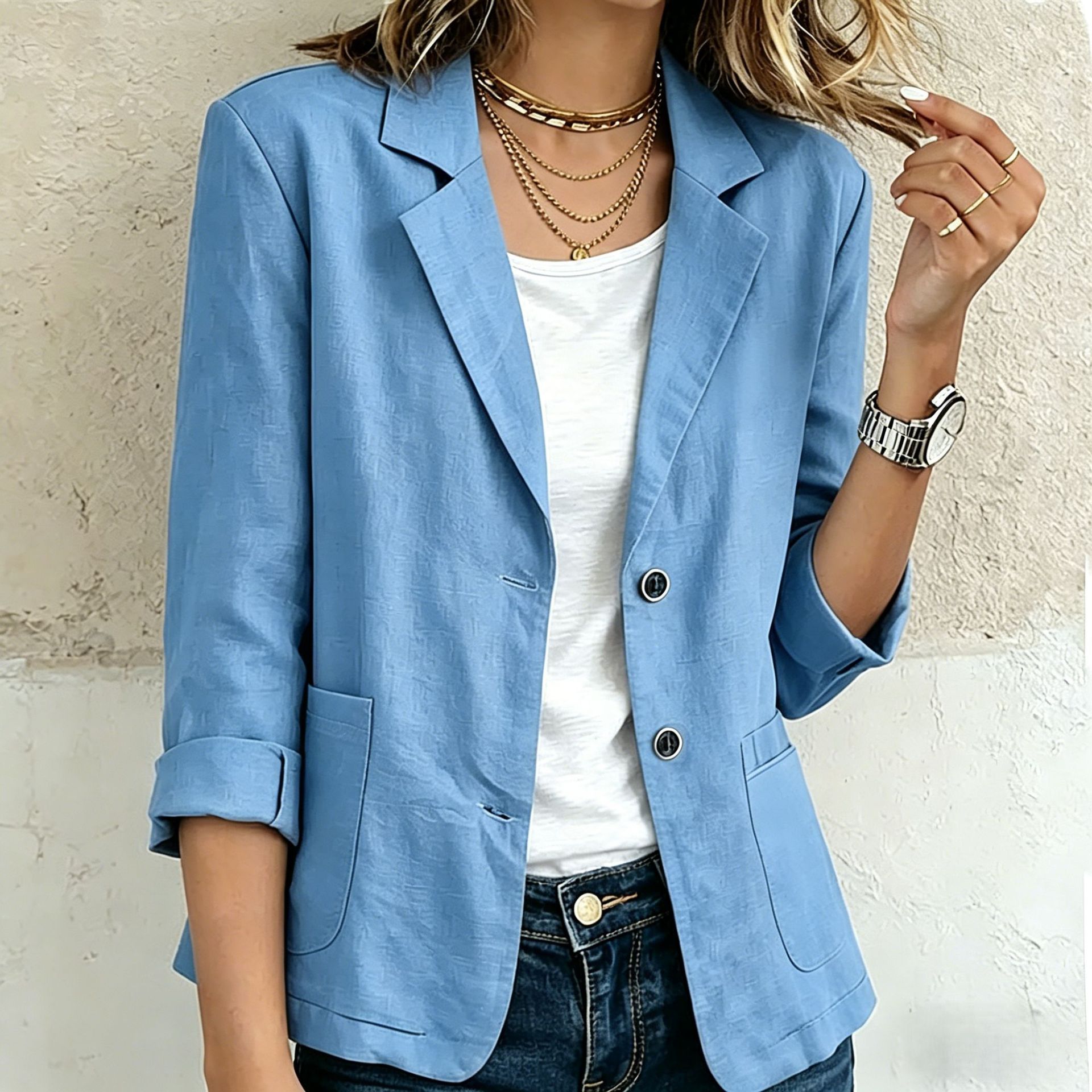 Cotton Linen Long Sleeve Lable Collar Button Pocket Casual Blazer