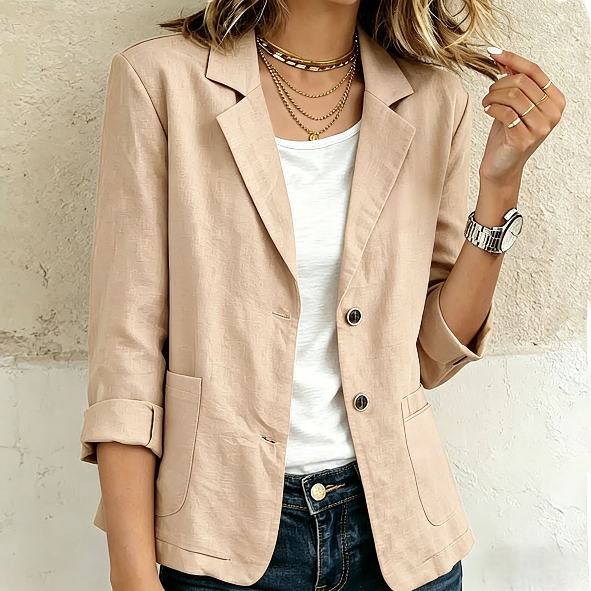 Cotton Linen Long Sleeve Lable Collar Button Pocket Casual Blazer
