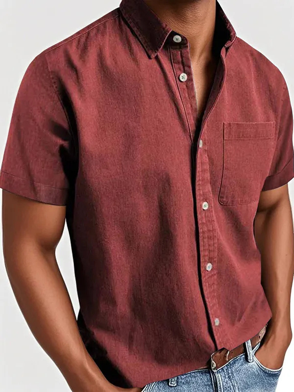 Men's Classic Vintage Washed Gentleman Casual Pocket Short Sleeve Shirt