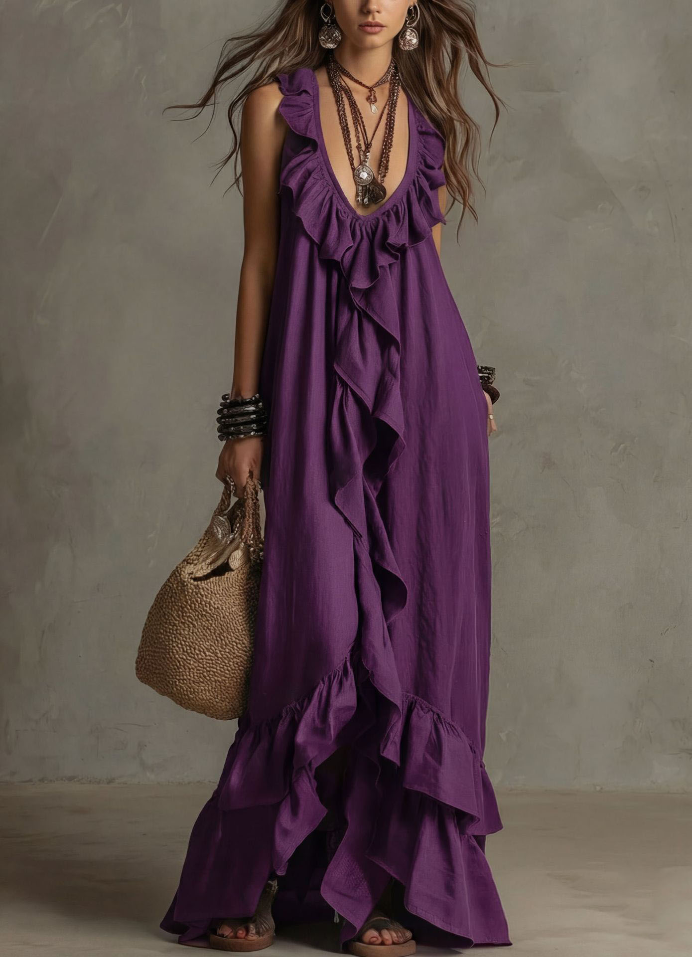 Sexy Deep V Neck Ruffle Loose Long Dresses Woman Spring Casual Solid Party Maxi Dress New Summer Sleeveless Vacation Beach Dress