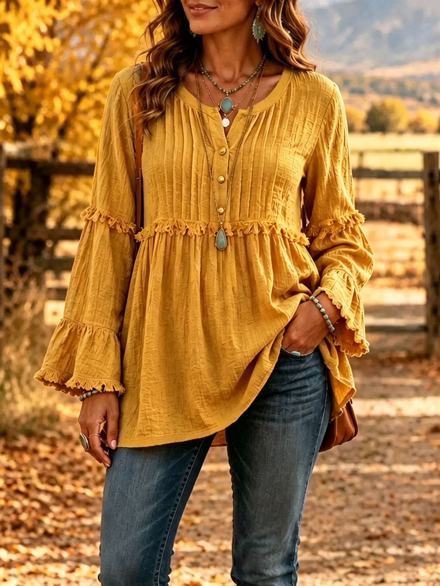Women’s Boho Textured Ruffle Bell-Sleeve Henley Tunic Top