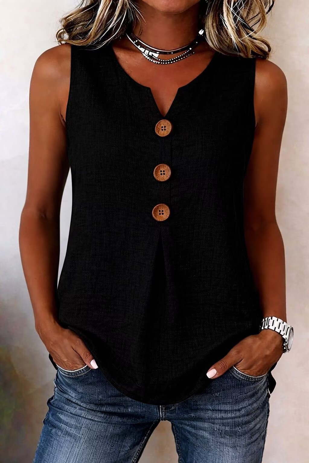 🏆Three-Button Sleeveless Solid Color Tank Top