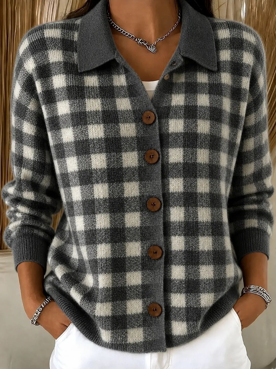 Clearance Sale🔥Women Soft Gingham Knit Button Cardigan