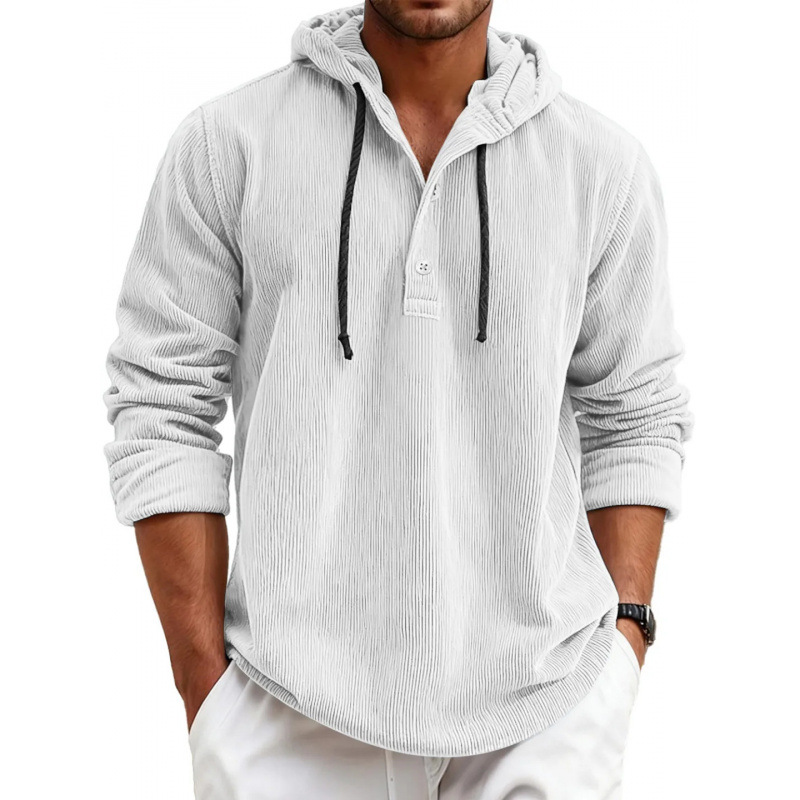 Men's striped pearl cotton half-shirt with hood and button-down design