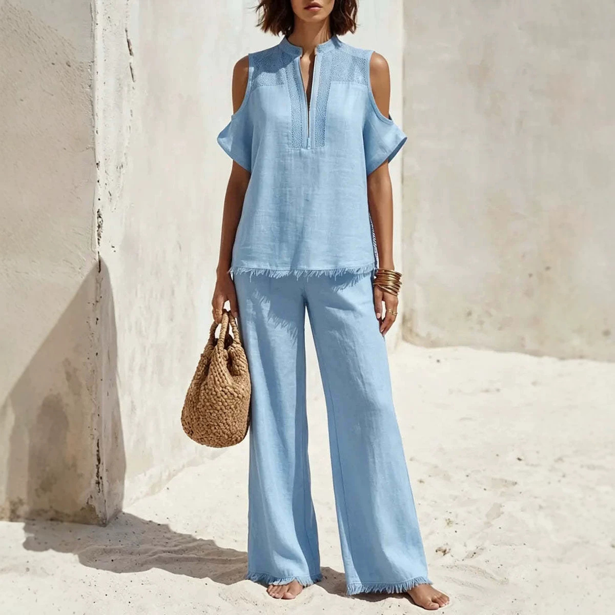 Women's Off-shoulder Cotton Linen Vacation Set