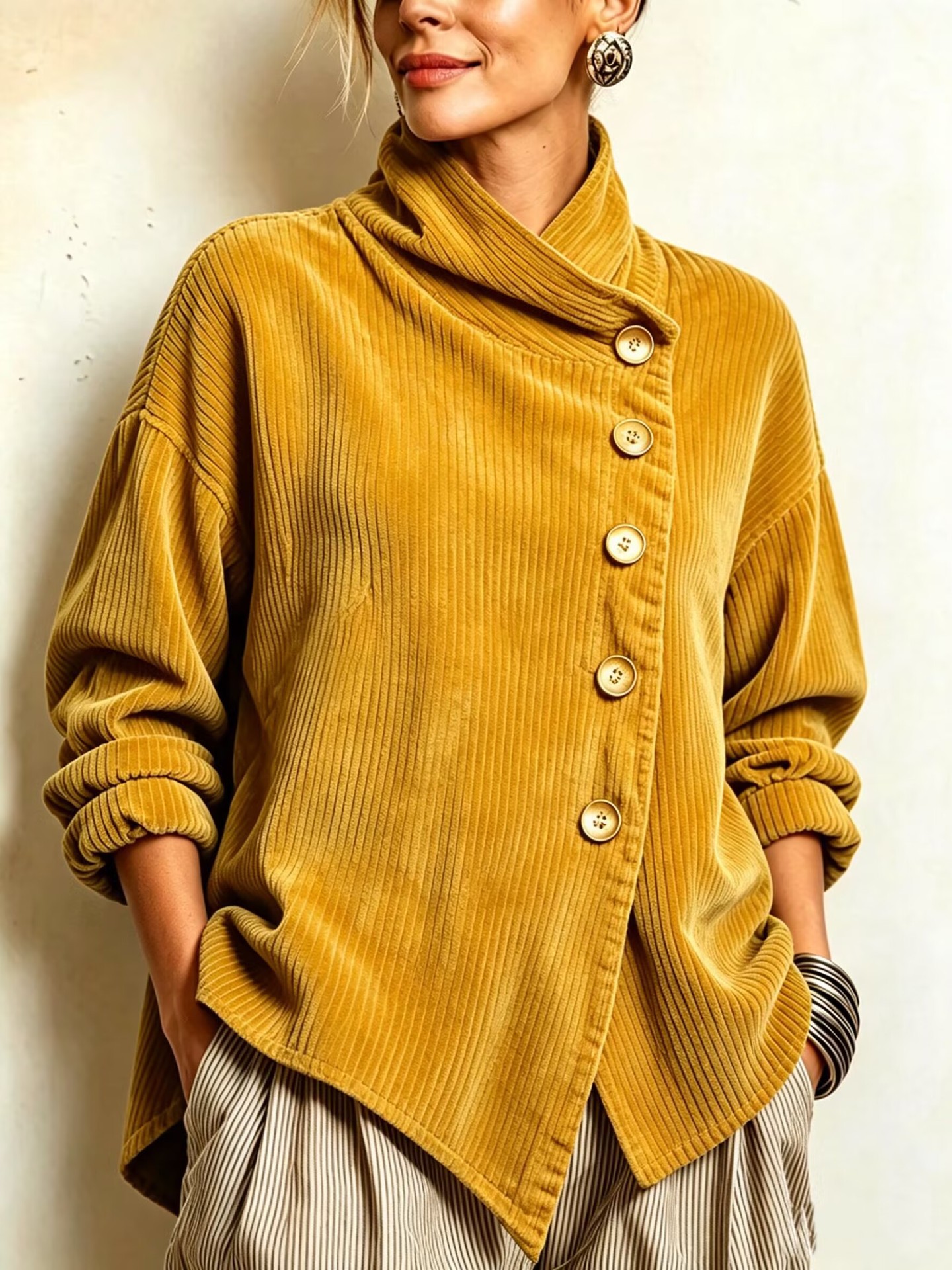 Autumn 2026 New Arrival – Women's Asymmetrical Loose-Fit Dropped-Shoulder Jacket with Diagonal Button Closure