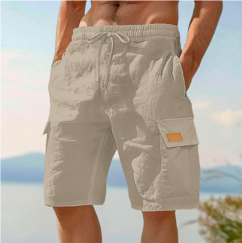 Men Textured Woven Drawstring Elastic Waist Flap Cargo Pocket Casual Beach Shorts