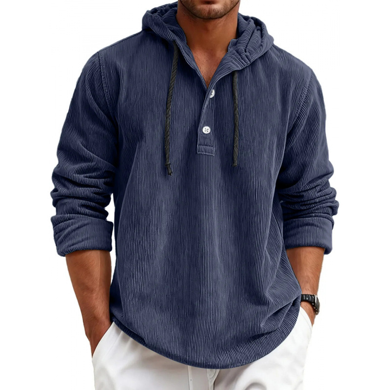 Men's striped pearl cotton half-shirt with hood and button-down design