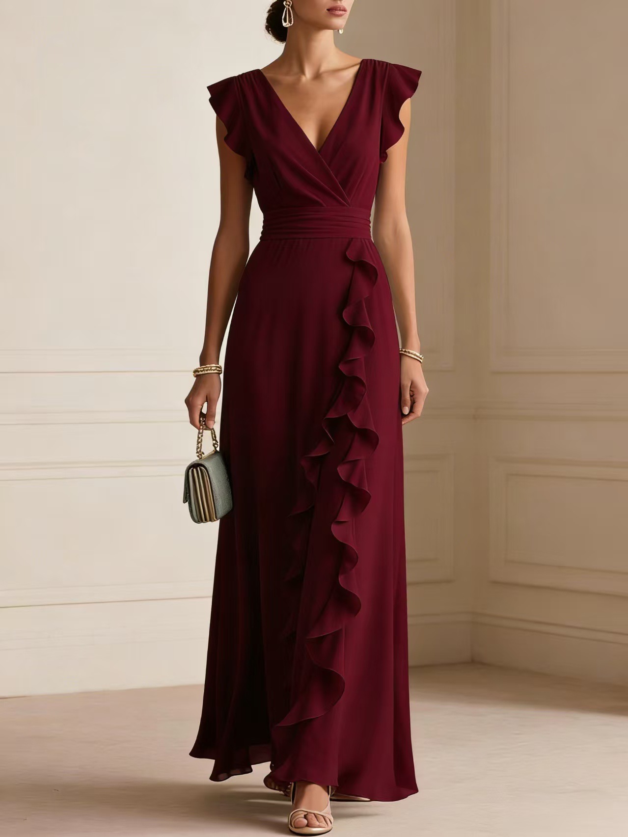 Chiffon Ruffle Maxi Dress - V-Neck Flutter Sleeve Cascading Tiered Wedding Guest Formal Gown