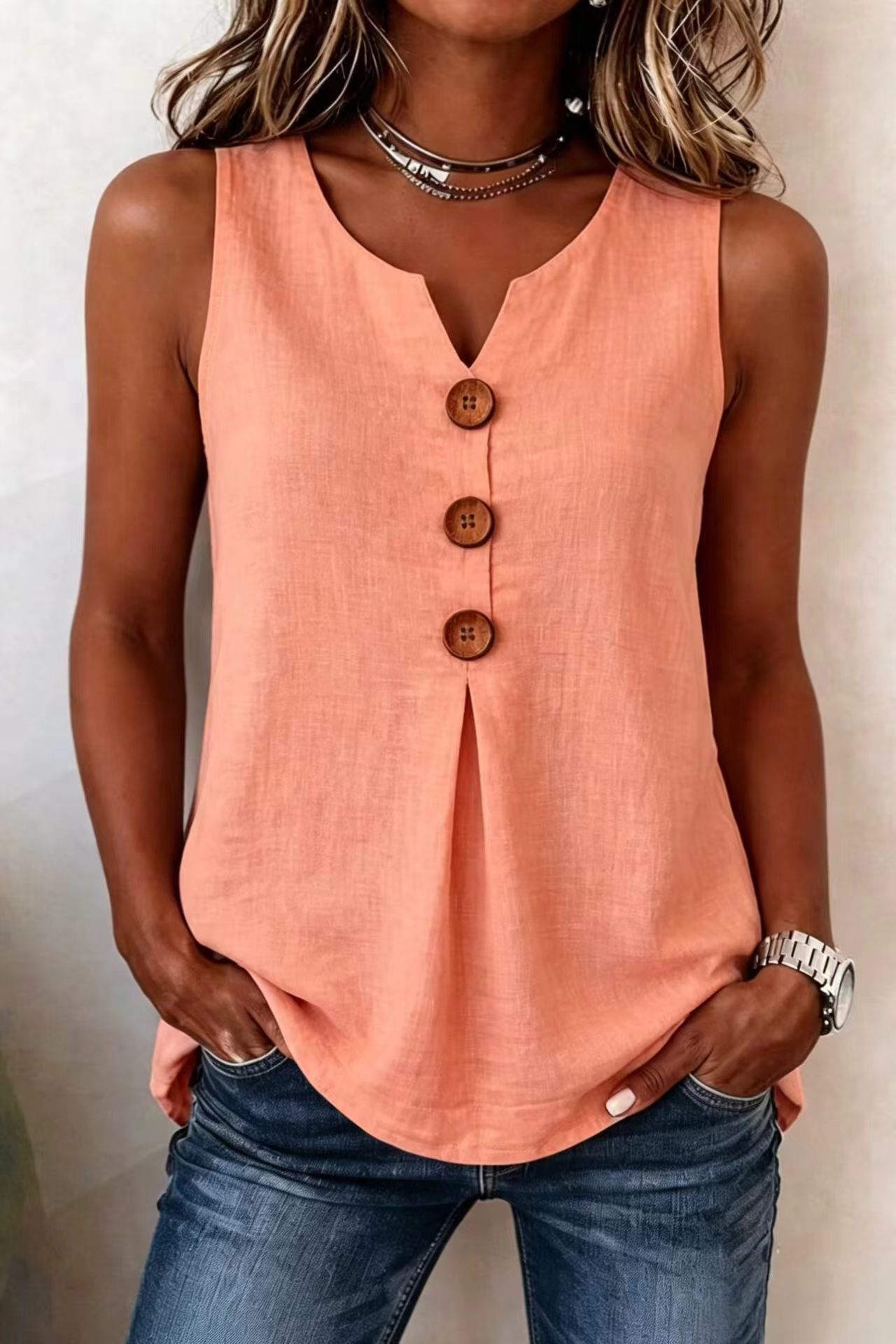 🏆Three-Button Sleeveless Solid Color Tank Top