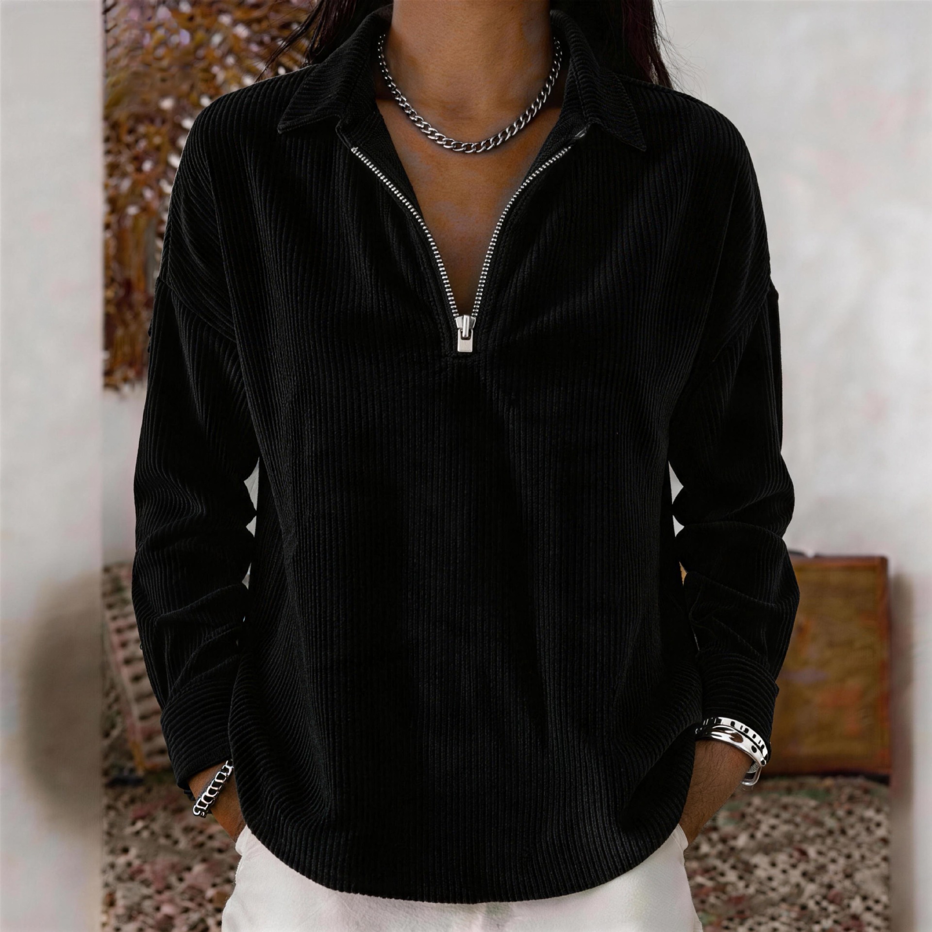 Women Collared Half Zip Corduroy Long Sleeve Shirt With Side Pockets