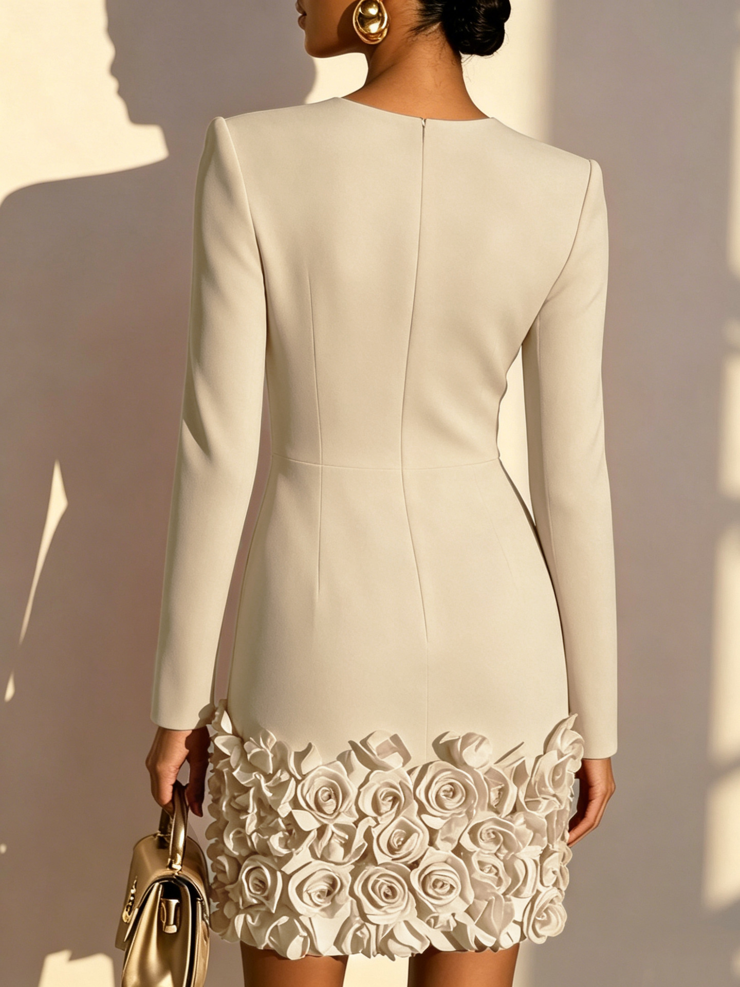 3D Floral Classic V Neck Long Sleeve Sheath Mini Dress