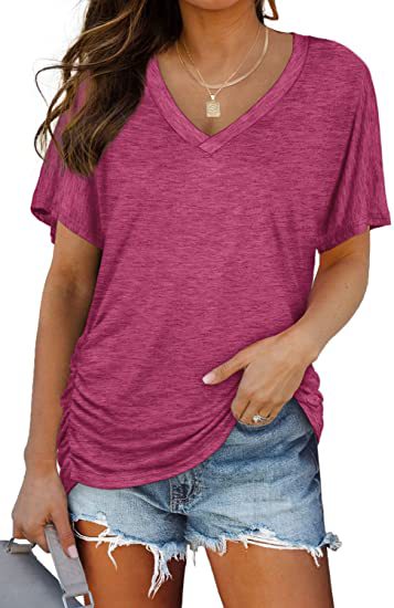 Soft V-Neck Dolman Loose Fit T-Shirt with Side Ruching
