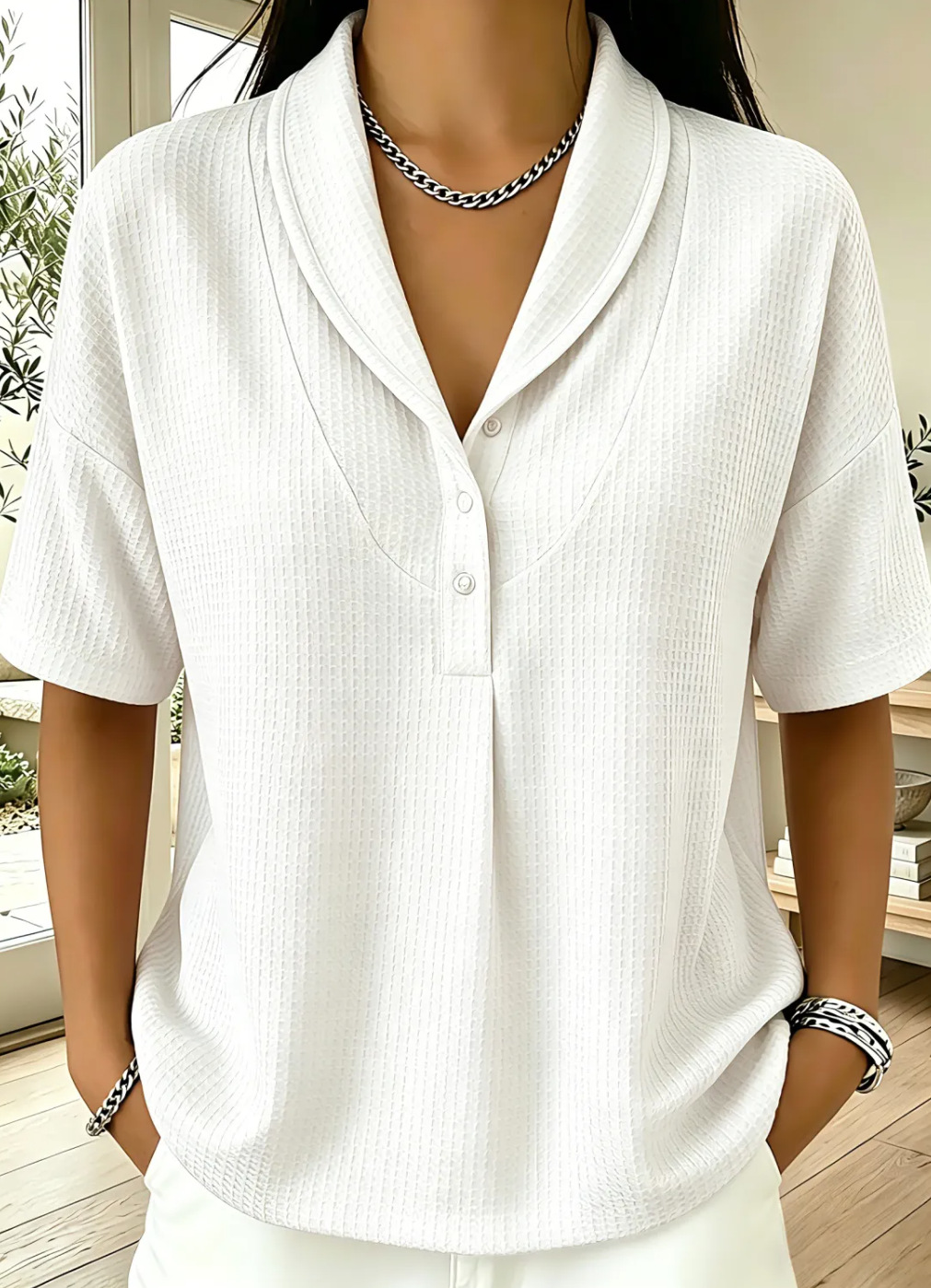New Arrivals🔥Women’s Casual Loose Shawl Collar Waffle-knit T-shirt