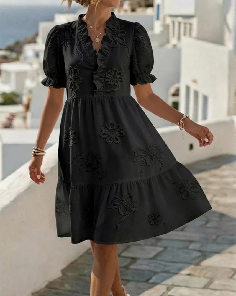 Embroidered Ruffle V-Neck Puff Sleeve Dress