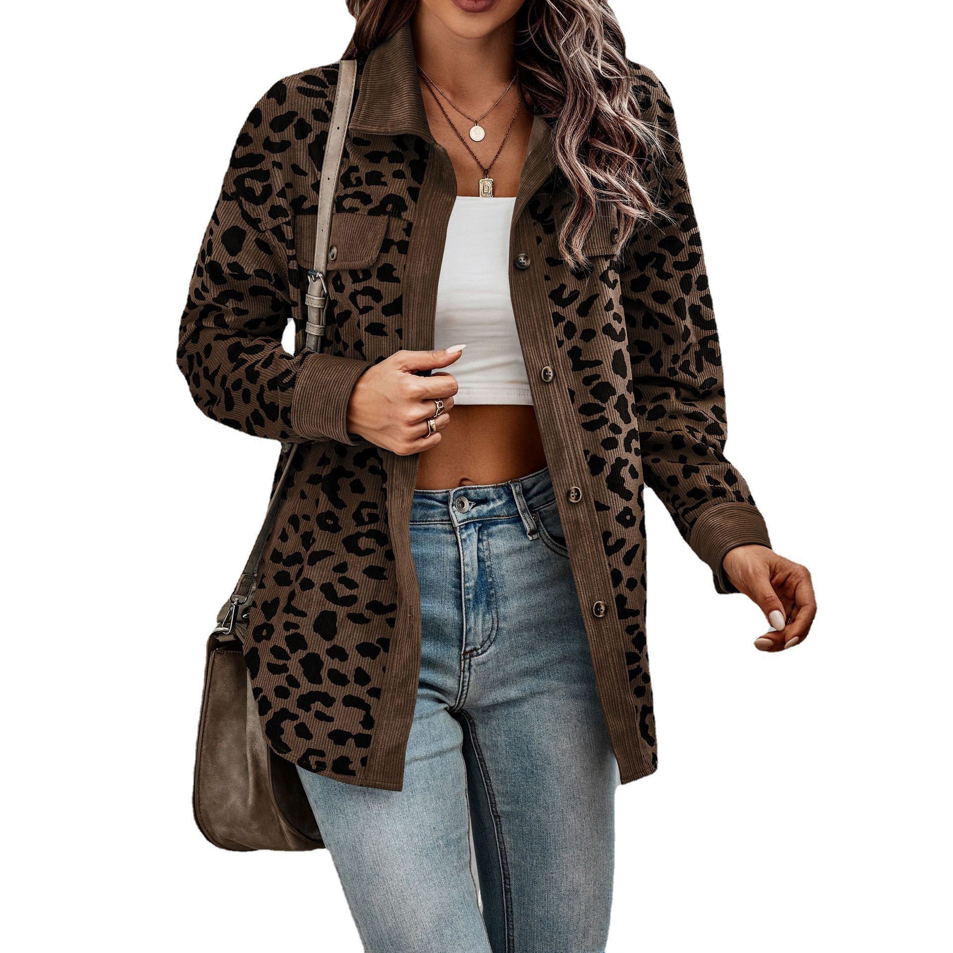 Contrast Rib Collar Leopard Print Corduroy Long Sleeve Shirt Jacket