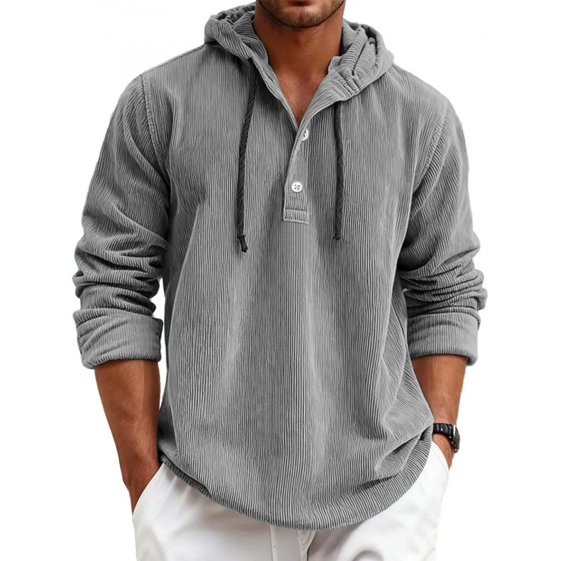 Men's striped pearl cotton half-shirt with hood and button-down design