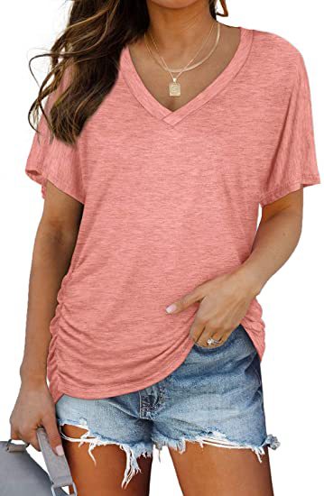 Soft V-Neck Dolman Loose Fit T-Shirt with Side Ruching