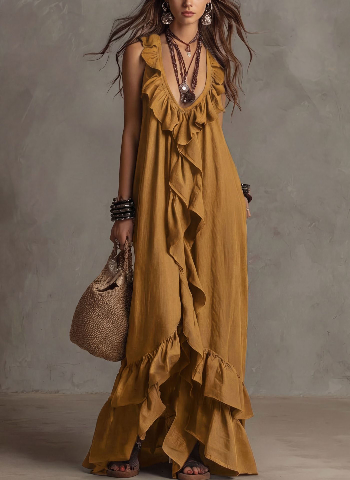 Sexy Deep V Neck Ruffle Loose Long Dresses Woman Spring Casual Solid Party Maxi Dress New Summer Sleeveless Vacation Beach Dress