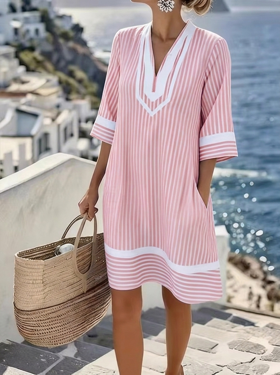 New V Neck Short Sleeve Striped Dress 