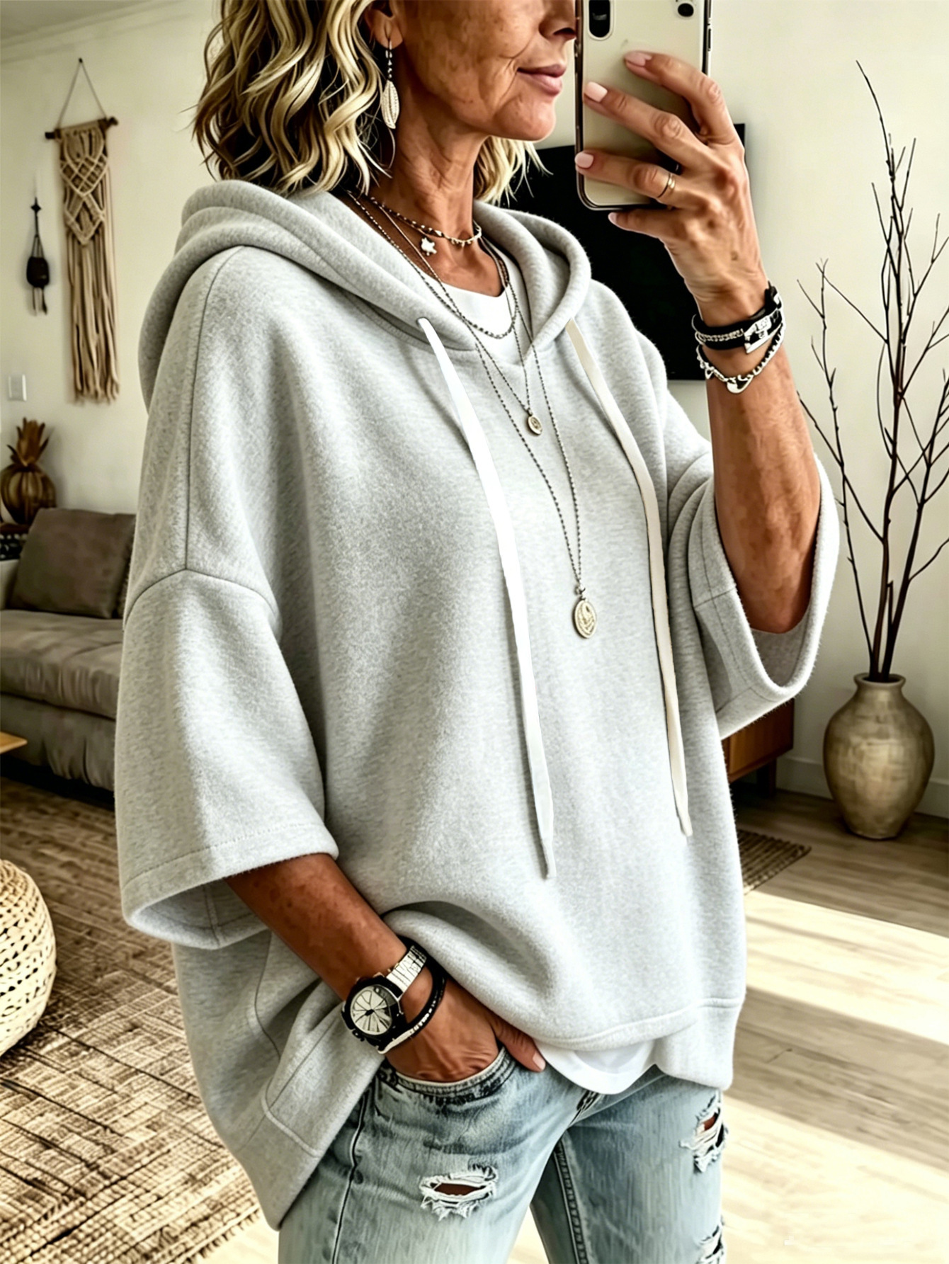 Women’s Casual Relaxed-Fit 3/4 Sleeve Hooded Pullover Top