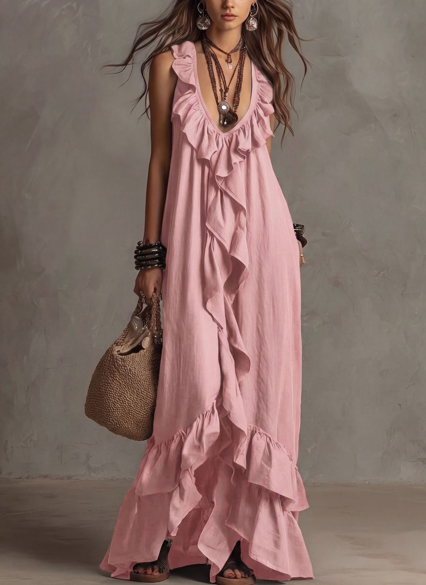 Sexy Deep V Neck Ruffle Loose Long Dresses Woman Spring Casual Solid Party Maxi Dress New Summer Sleeveless Vacation Beach Dress