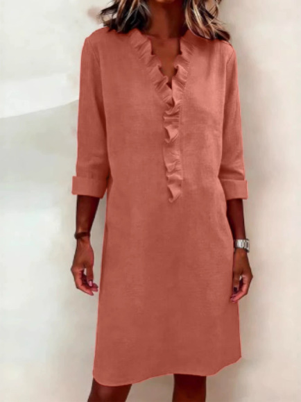 Ruffled V Neck Solid Color Dress