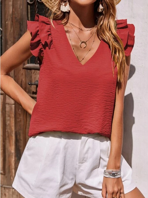 V-Neck Ruffle Sleeveless Stretch Top