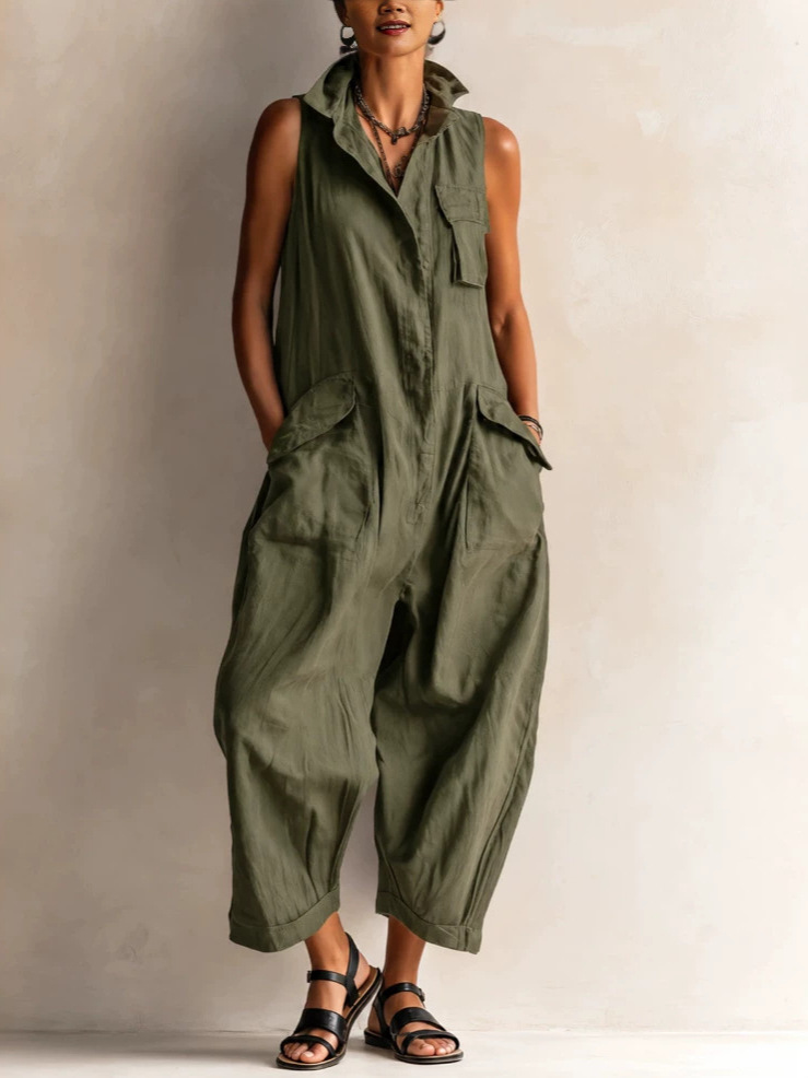 Sleeveless Utility Wide-Leg Jumpsuit With Cargo Pockets