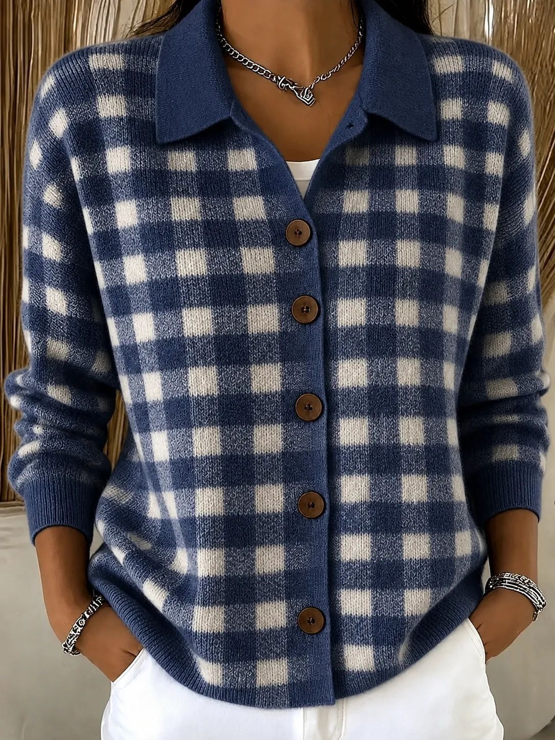 Clearance Sale🔥Women Soft Gingham Knit Button Cardigan