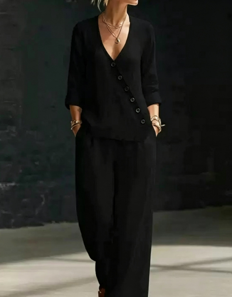 Minimalist V-neck Shirt And Wide-leg Pants Two-piece Set