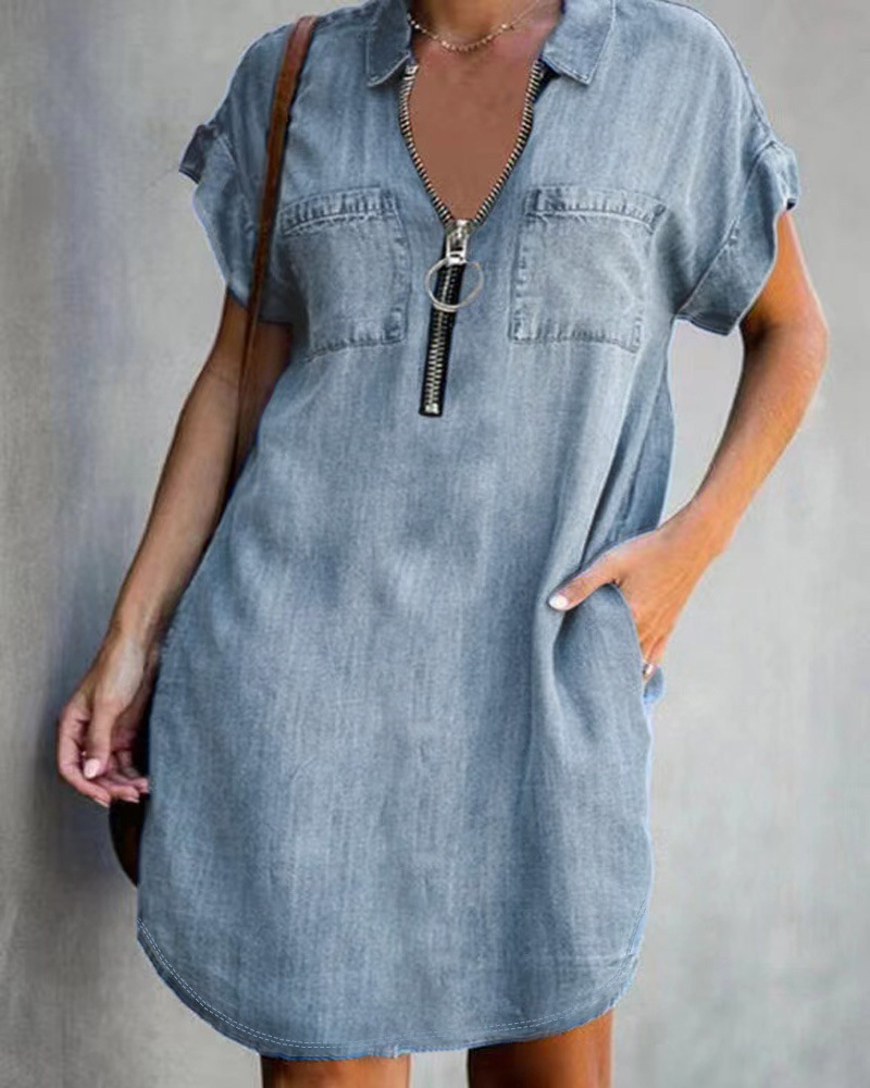 Women Casual Denim Shirt Dress Loose Lapel Short Sleeve Zipper Dress with Pockets