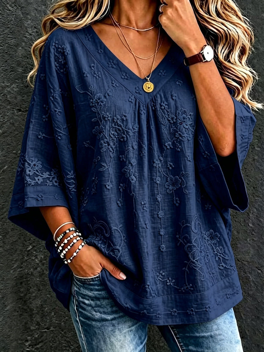 Batwing Sleeve V-Neck Embroidered Blouse