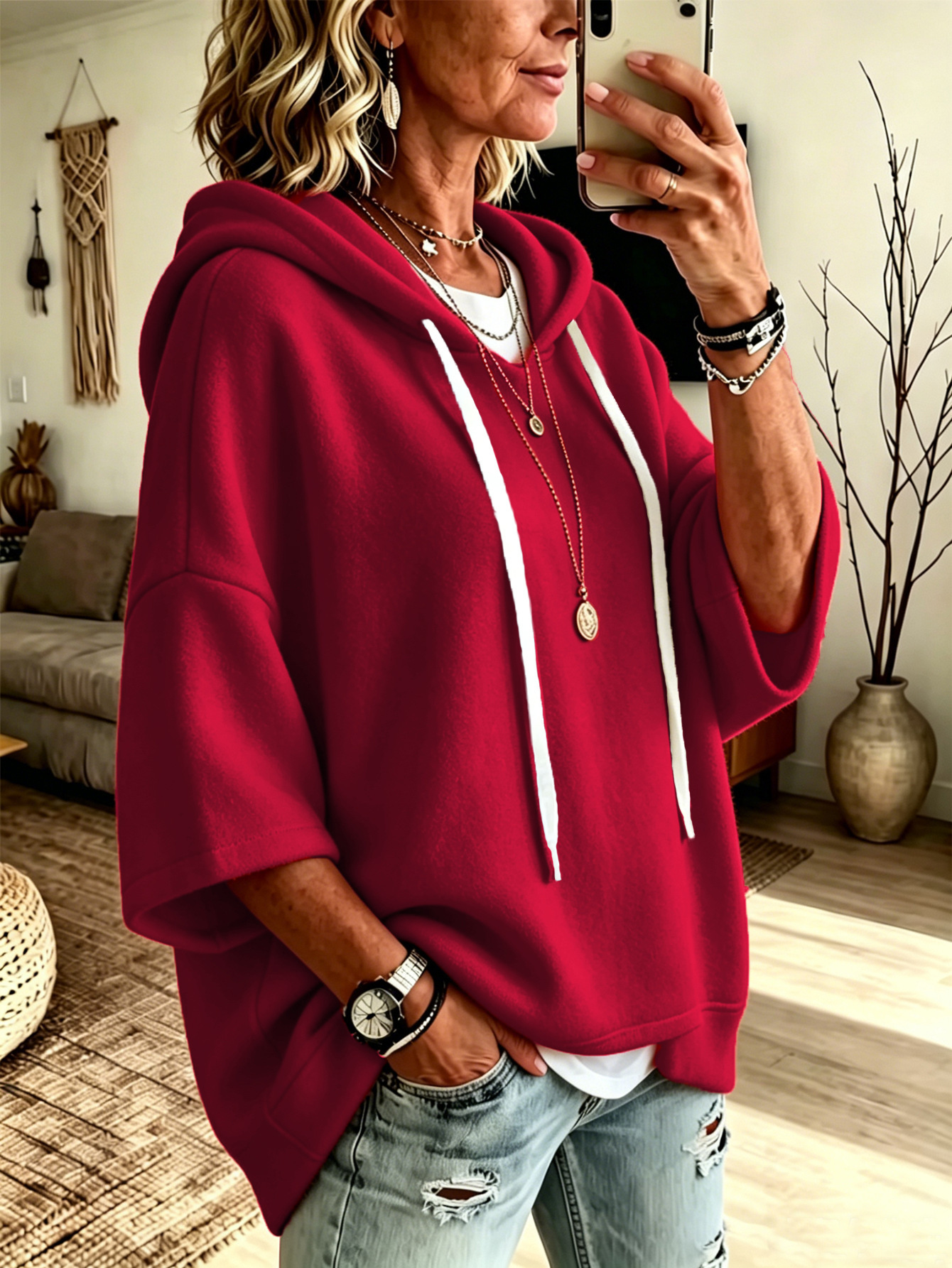 Women’s Casual Relaxed-Fit 3/4 Sleeve Hooded Pullover Top