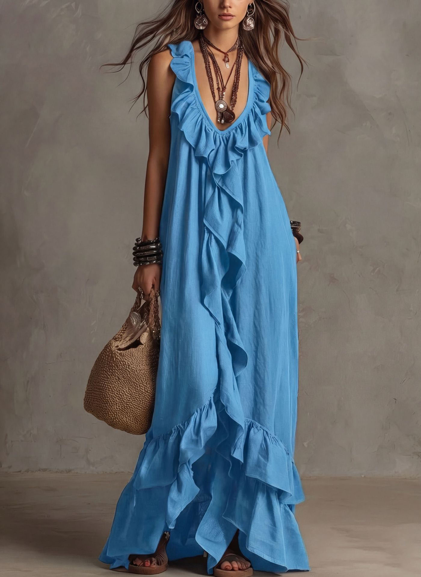 Sexy Deep V Neck Ruffle Loose Long Dresses Woman Spring Casual Solid Party Maxi Dress New Summer Sleeveless Vacation Beach Dress