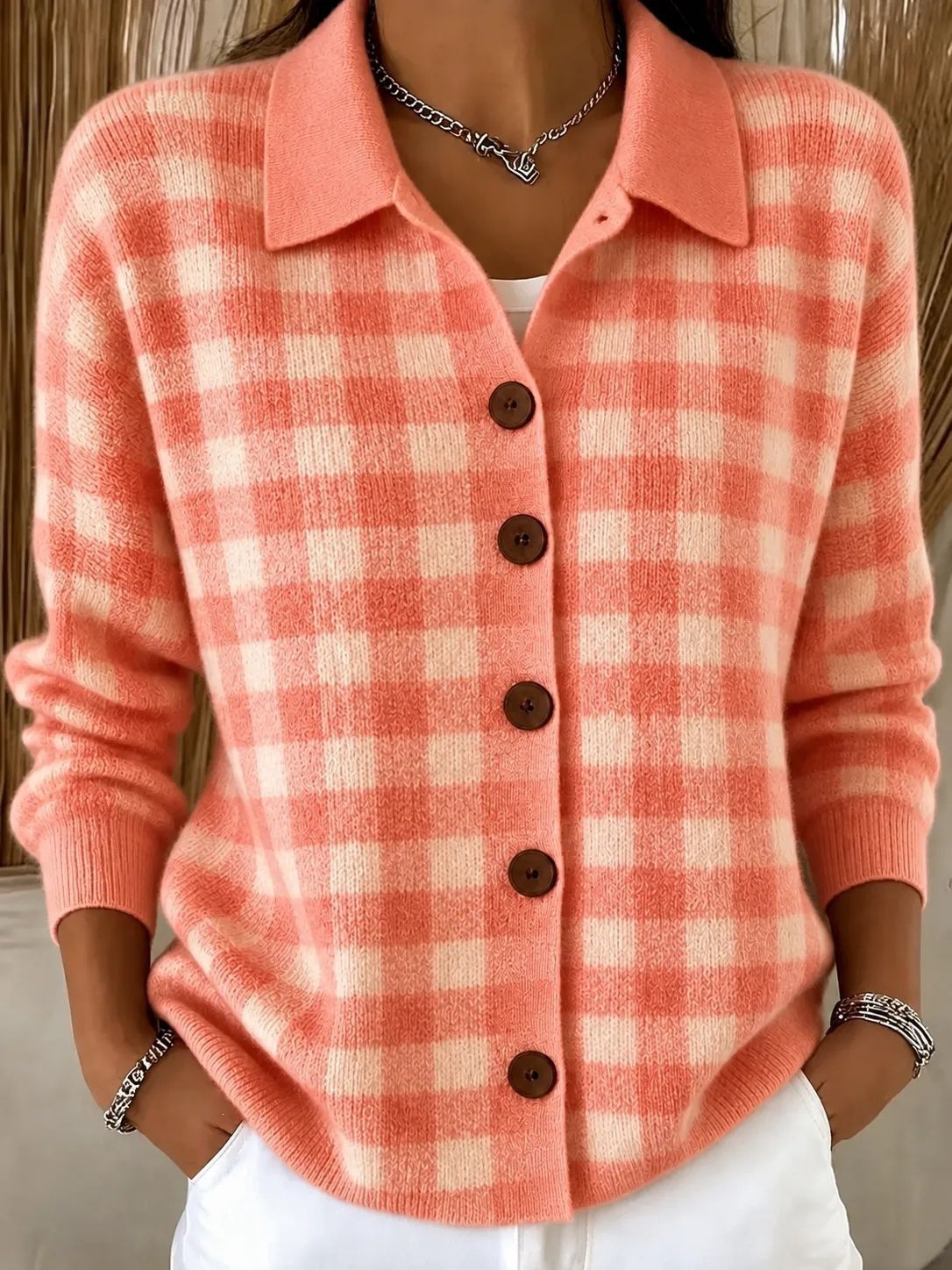 Clearance Sale🔥Women Soft Gingham Knit Button Cardigan
