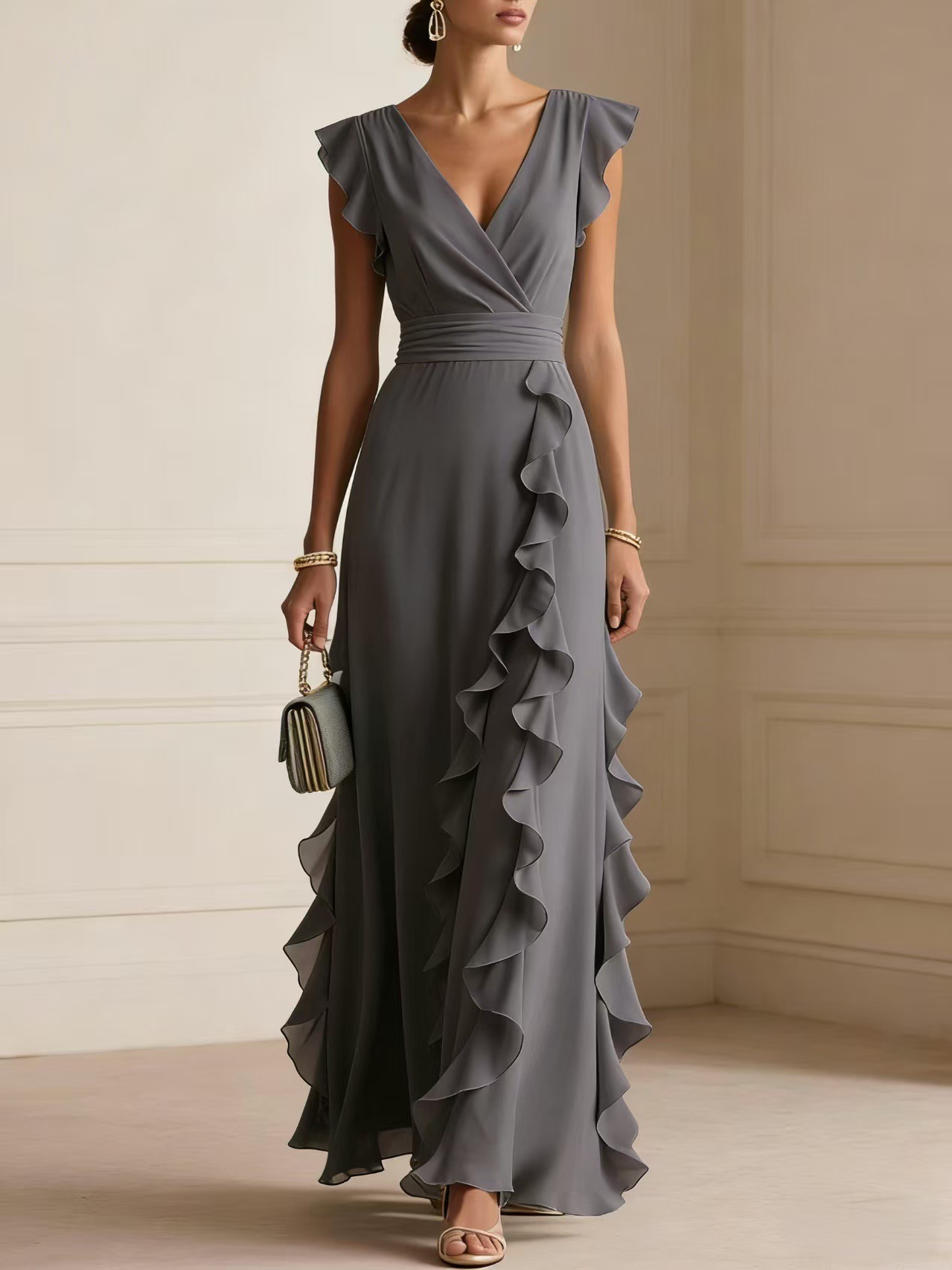 Chiffon Ruffle Maxi Dress - V-Neck Flutter Sleeve Cascading Tiered Wedding Guest Formal Gown