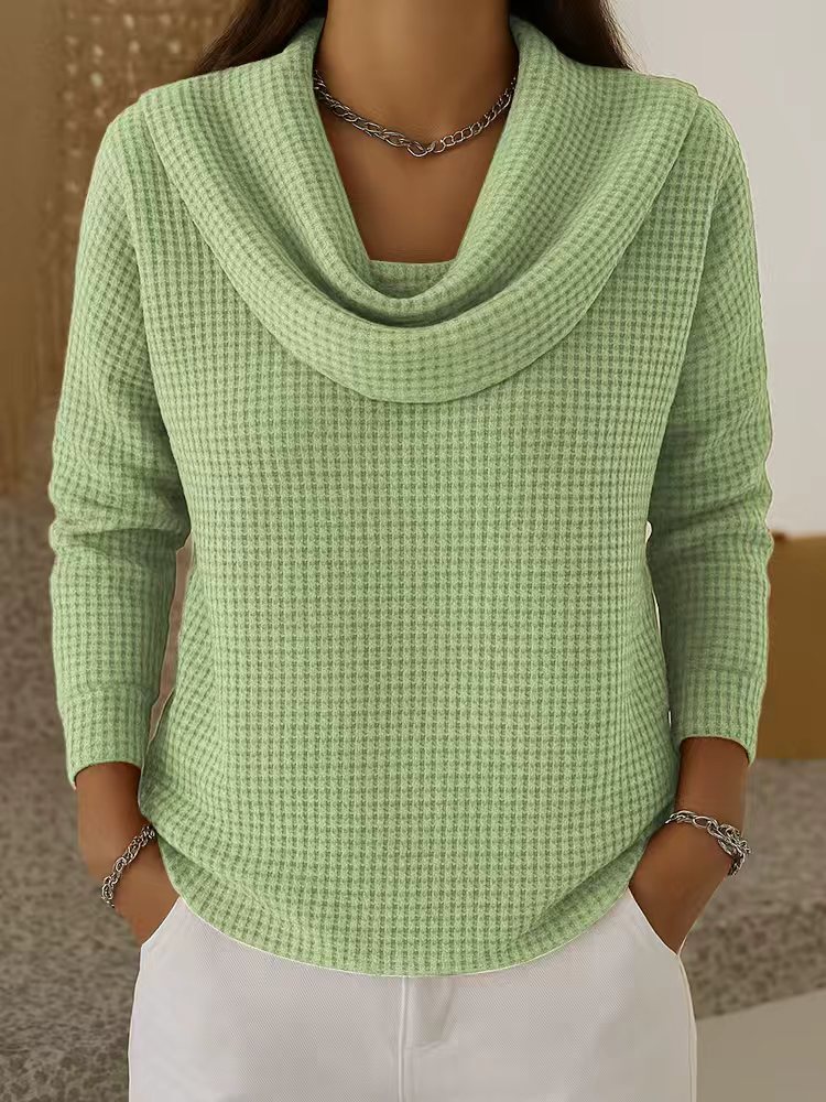 New women's casual and fashionable solid-color waffle-knit pullover top.