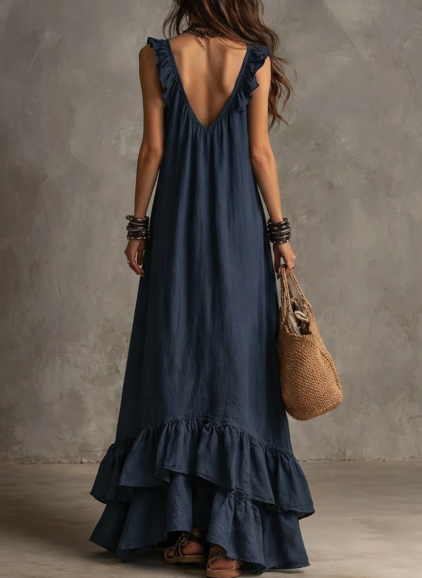 Sexy Deep V Neck Ruffle Loose Long Dresses Woman Spring Casual Solid Party Maxi Dress New Summer Sleeveless Vacation Beach Dress