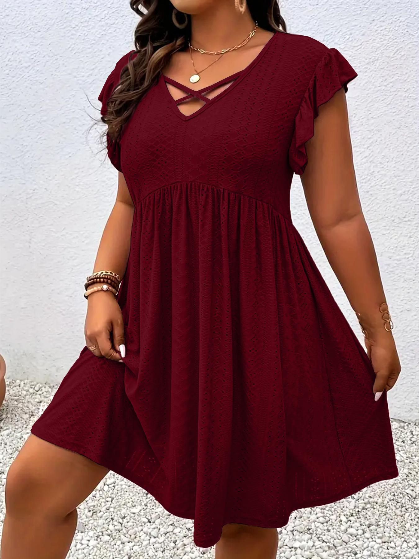 🏆SUMMER SALE💥【Plus Size】 Solid Color Hollow Out Vneck Dress