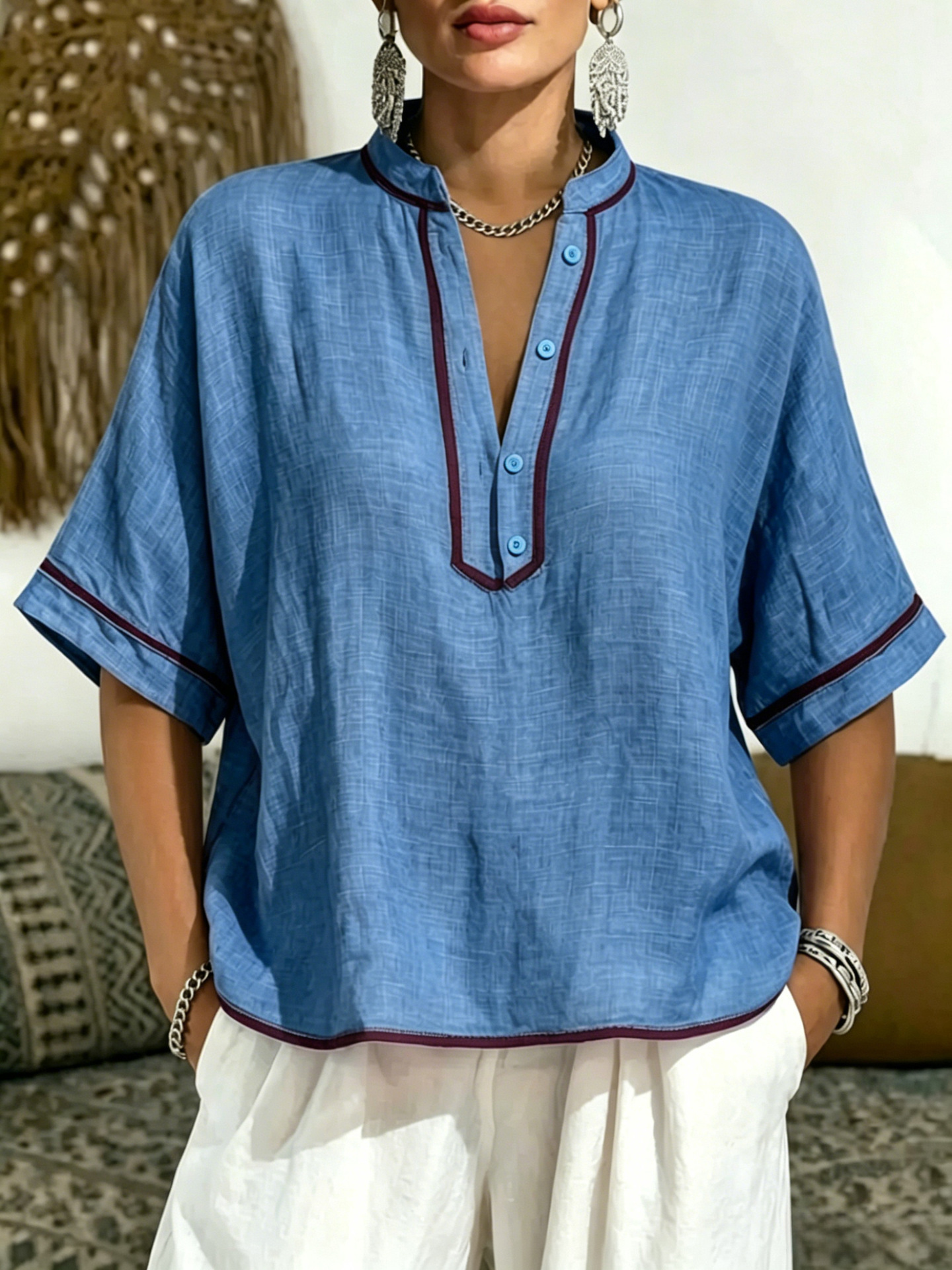 Women's Comfortable Casual Color-Block V-Neck Linen Shirt