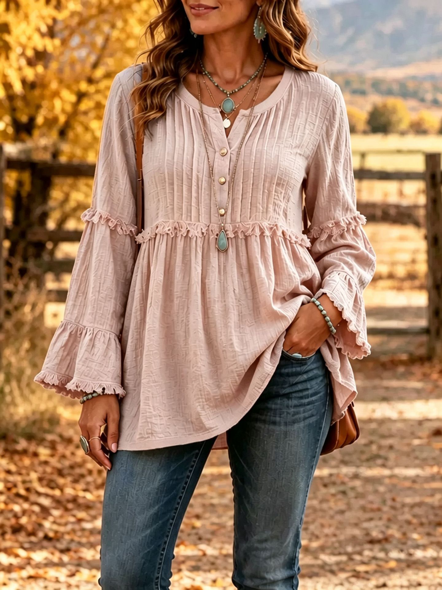 Women’s Boho Textured Ruffle Bell-Sleeve Henley Tunic Top