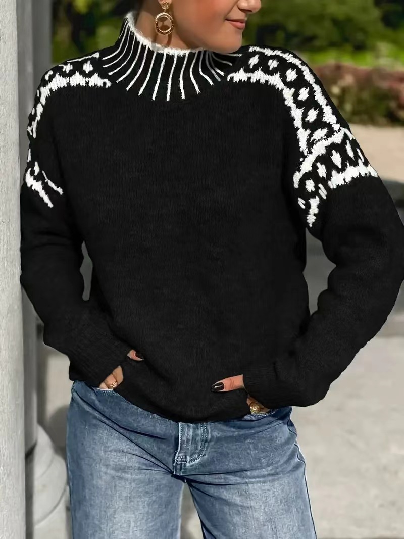 New women's turtleneck sweater, stylish pullover knitwear.