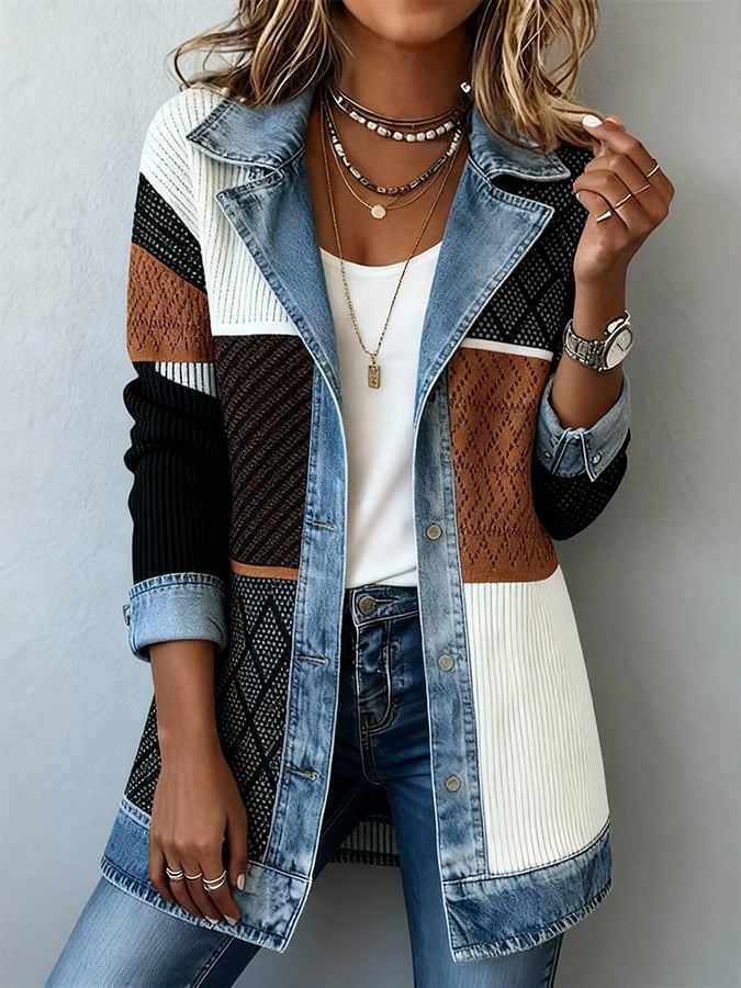 Elegant Mixed Media Denim Knit Cardigan Open Front Lapel Sweater Coat Mid Length Comfort Fit Outerwear
