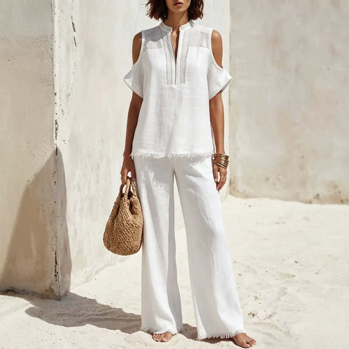 Women's Off-shoulder Cotton Linen Vacation Set