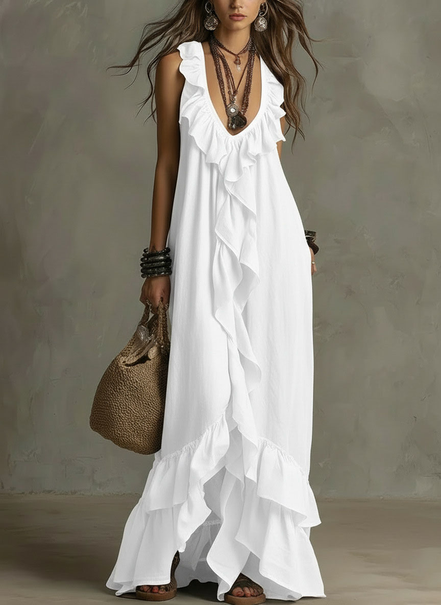 Sexy Deep V Neck Ruffle Loose Long Dresses Woman Spring Casual Solid Party Maxi Dress New Summer Sleeveless Vacation Beach Dress