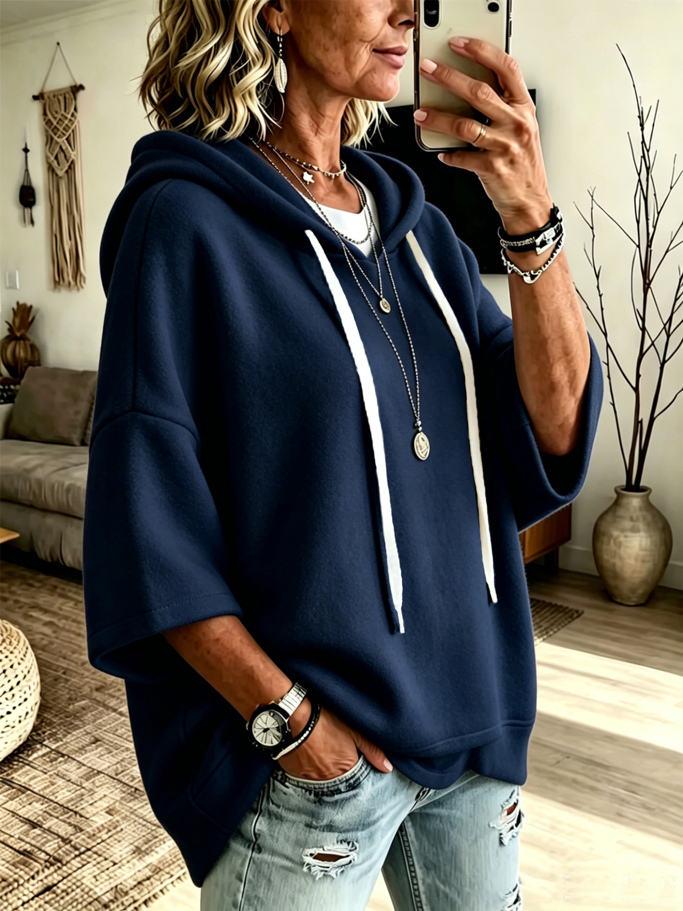 Women’s Casual Relaxed-Fit 3/4 Sleeve Hooded Pullover Top
