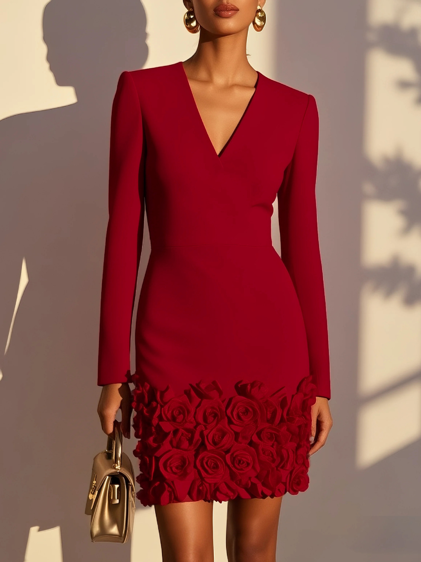 3D Floral Classic V Neck Long Sleeve Sheath Mini Dress