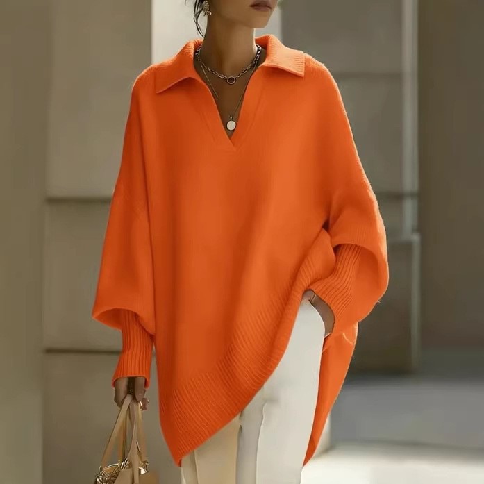 🎄 New Arrivals🔥 Women's Solid Color V-neck Long-sleeved Casual Loose-fitting Knitted Pullover Sweater