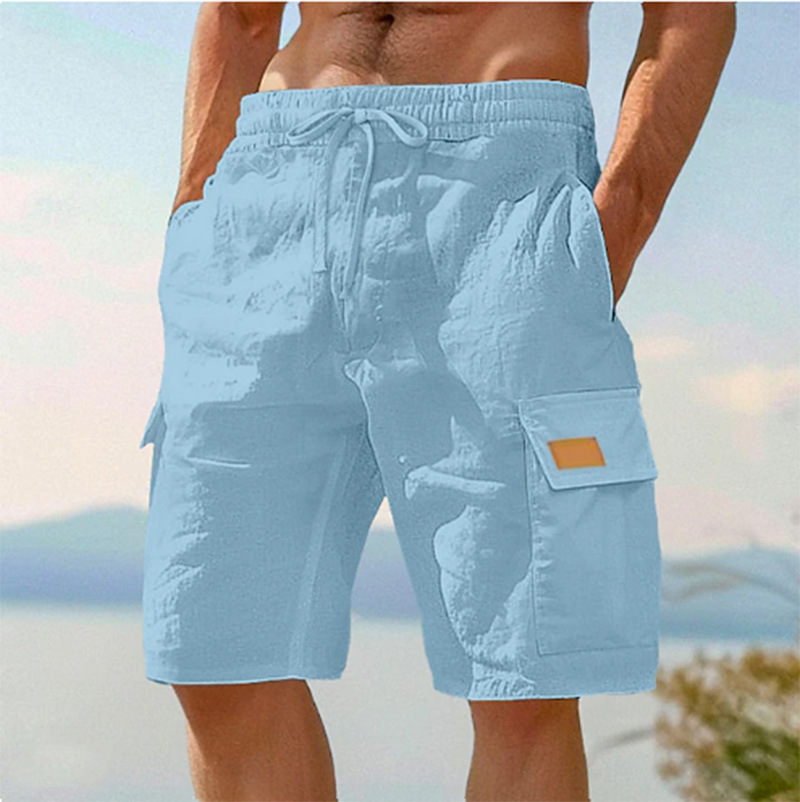 Men Textured Woven Drawstring Elastic Waist Flap Cargo Pocket Casual Beach Shorts